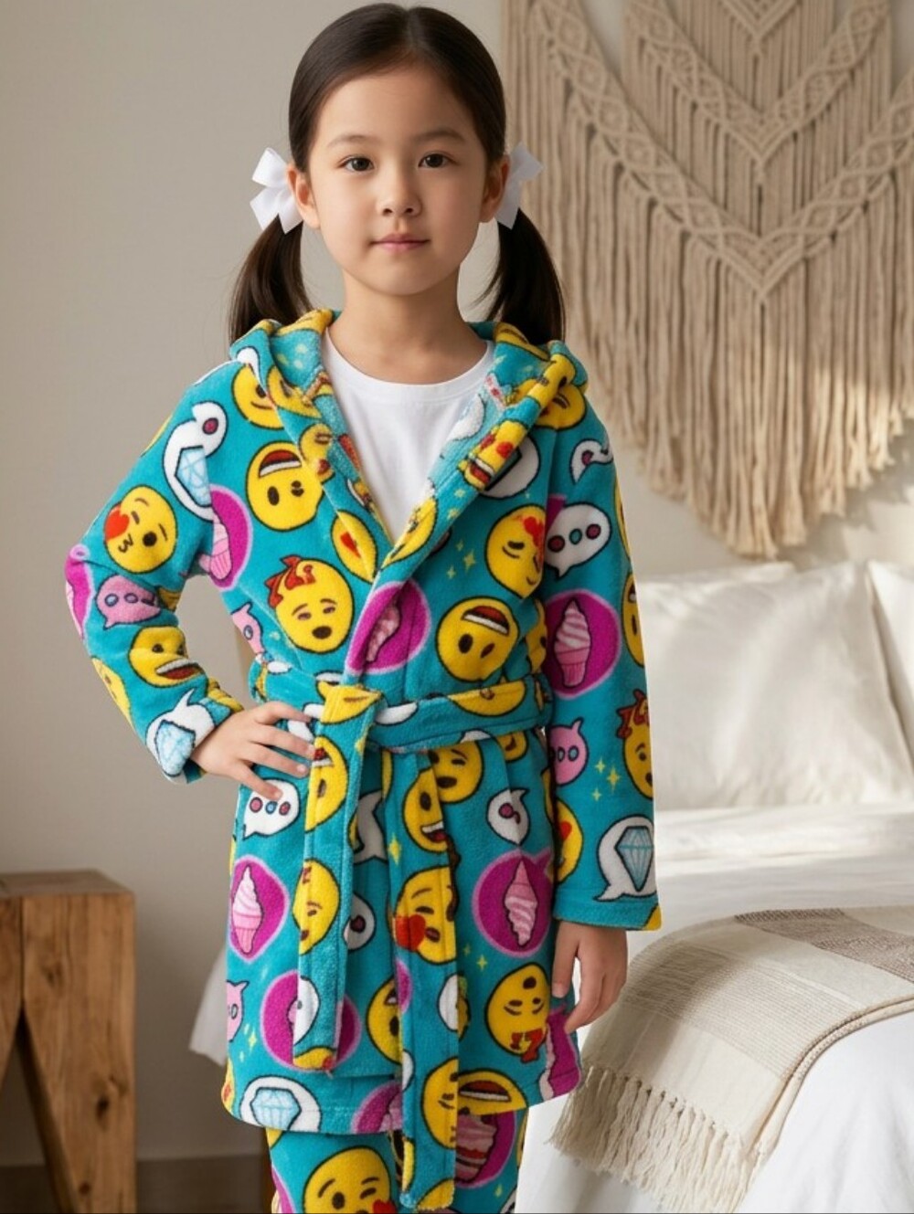 Emoji Plush Hooded Fleece Bathrobe Girls XS 4 Blue Smiley Robe Cozy Pajama Wrap